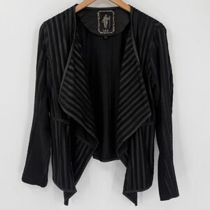 My Tribe Black Genuine Leather Stripes Draped Open Front Jacket Women Size Large